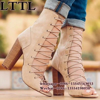 2017 Cowhide Leather Summer Shoes Booties Lace Up Summer Boots Thick Heel Open Toe Women Boots Cool Gladiator Boot Sandals