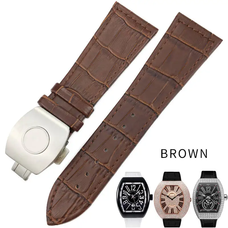 26 мм Натуральная Воловья кожа силиконовый ремешок для часов черный коричневый белый складной ремешок с пряжкой подходит для Франка Muller часы серии - Цвет ремешка: brown