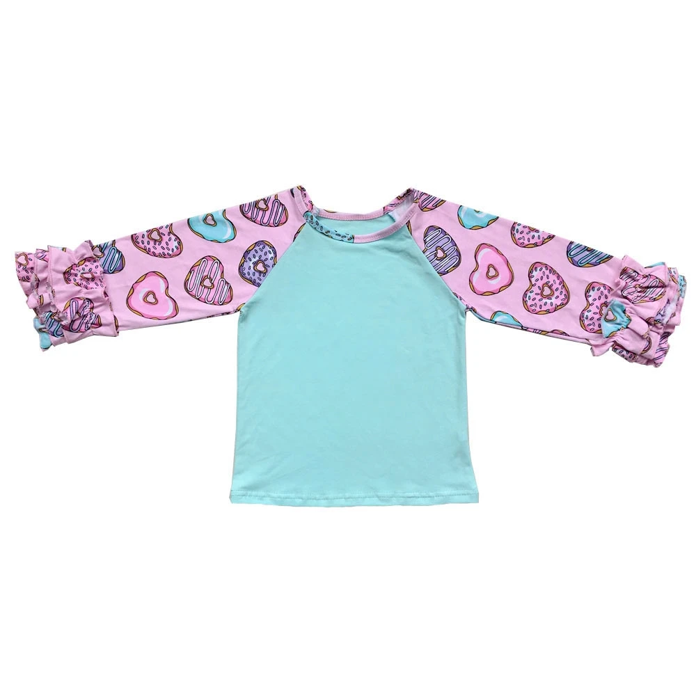 

Donuts Print Heart Design Icing Ruffle Monogram Ruffle Sleeve Raglan Girl Shirt