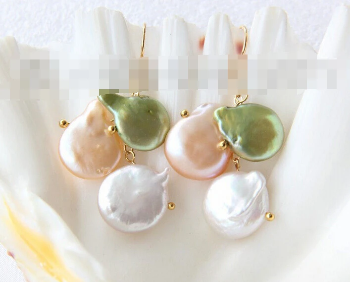 

HOT SELL - 1640 baroque white pink green coin pearl dangle earrings -Top quality free shipping