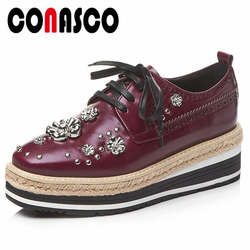 

CONASCO New Retro Women Beading Flats Shoes Woman Lace Up Round Toe Party Wedding Shoes Woman Platforms Casual Flats Shoes