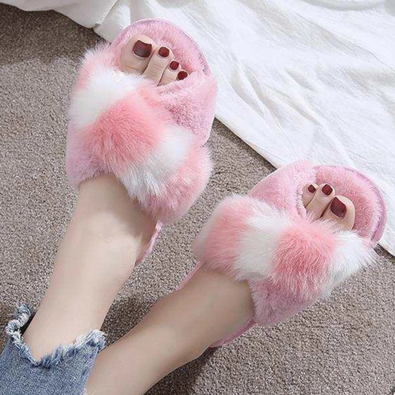 

Women Fur Slippers Outside Flip Flops Platform Flat Heels Cross Tied Sandals Ladies Shoes Non Slip Female Zapatos De Mujer A501W