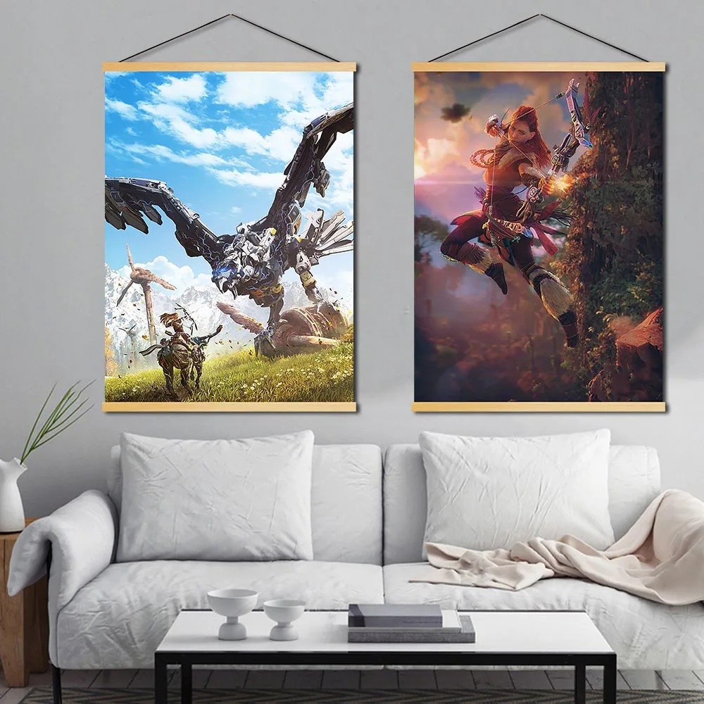 Картина с принтом из массива дерева горизонт Zero Dawn украшение дома Холст Игра стены искусства Современные Подвесные свитки плакат для гостиной