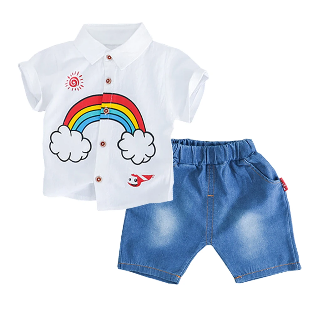 

2019 summer baby toddler boy set clothes rainbow pullover Single-breasted cartoon short-sleeved Top+jeans suit children 0-24M