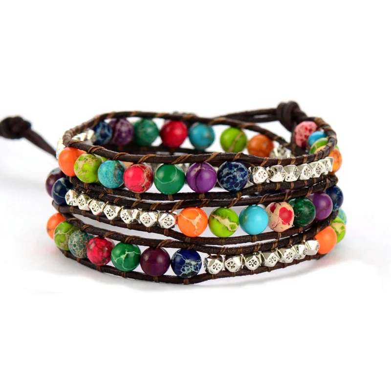 

Natural Stone Beads Bangles for Women Jewelry Handmade Leather Wrap Bracelet Multi Color Jewelry for Birthday Present