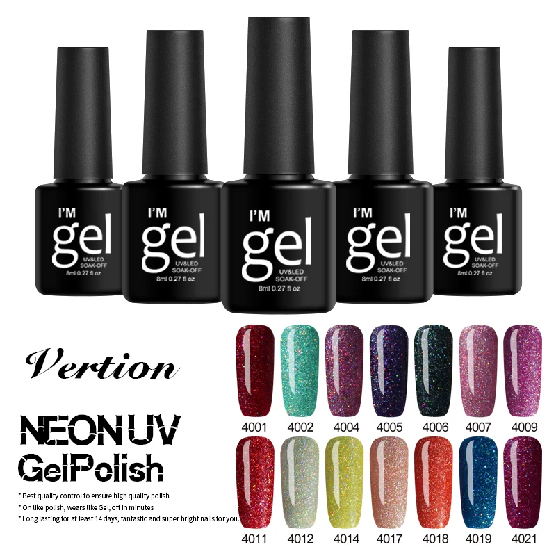 

Verntion Rainbow 8ml Holographic Gel Nail Polish Neon Glitter UV Gel Varnish Permanent Soak Off UV Gel Lacquer Lamp Gel Varnish