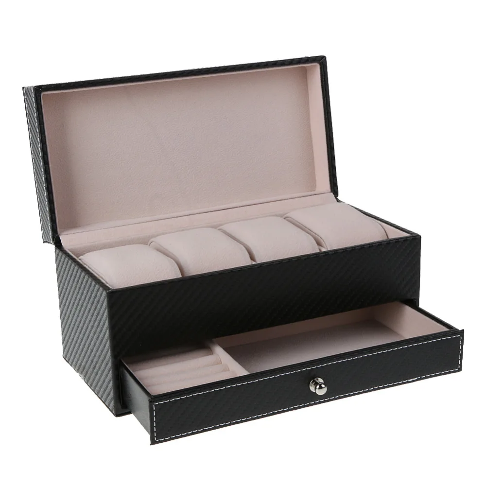 High Grade 4 Grids leather Jewelry Storage Box Container Boxes Watch Casket With Drawer Organizer Watch Jewelry Box Display Blac