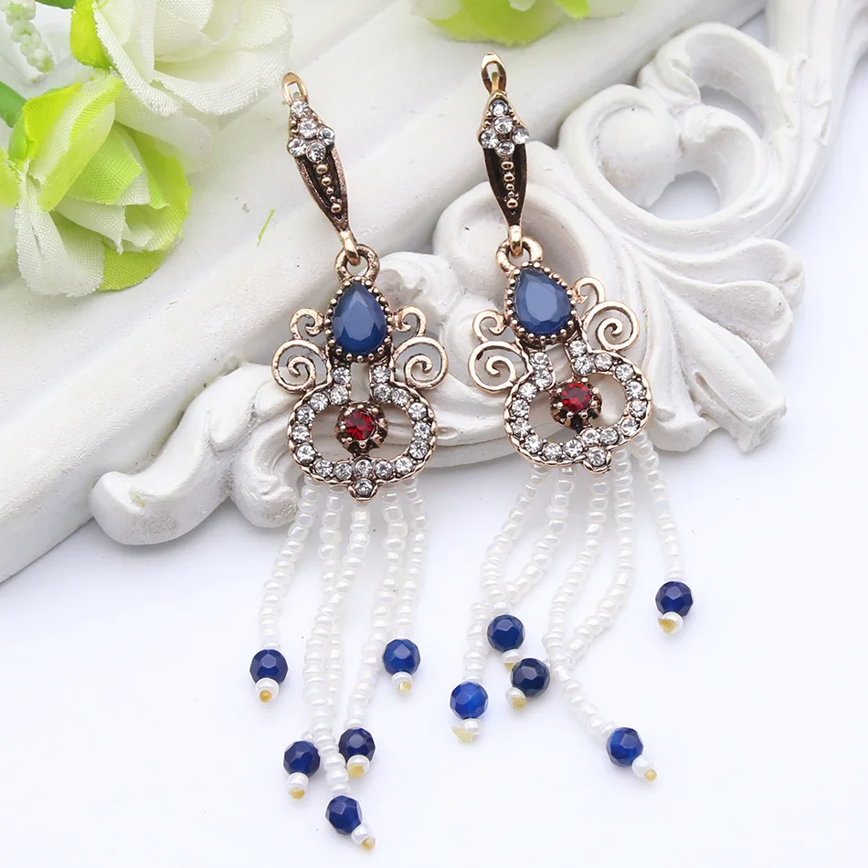 

Brand Design Turkish Dangle Beaded Earrings Antique Gold Color Bead Tassel Swinging Earrings Jewelry Flower Peacock Ladies Gift