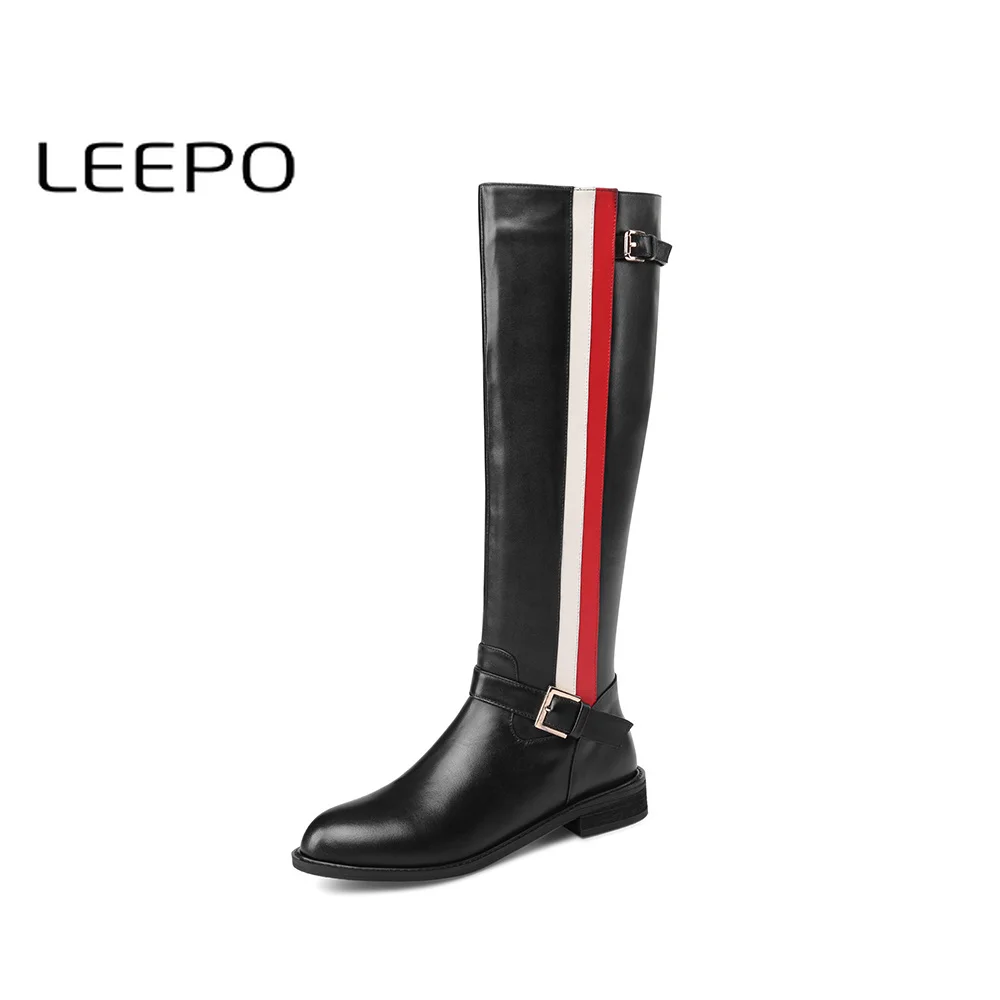 

LEEPO Women Knee High Boots Women Genuine Leather Balck High Boots Ladies Long Booties Winter Boots Flat Round Toe Booties