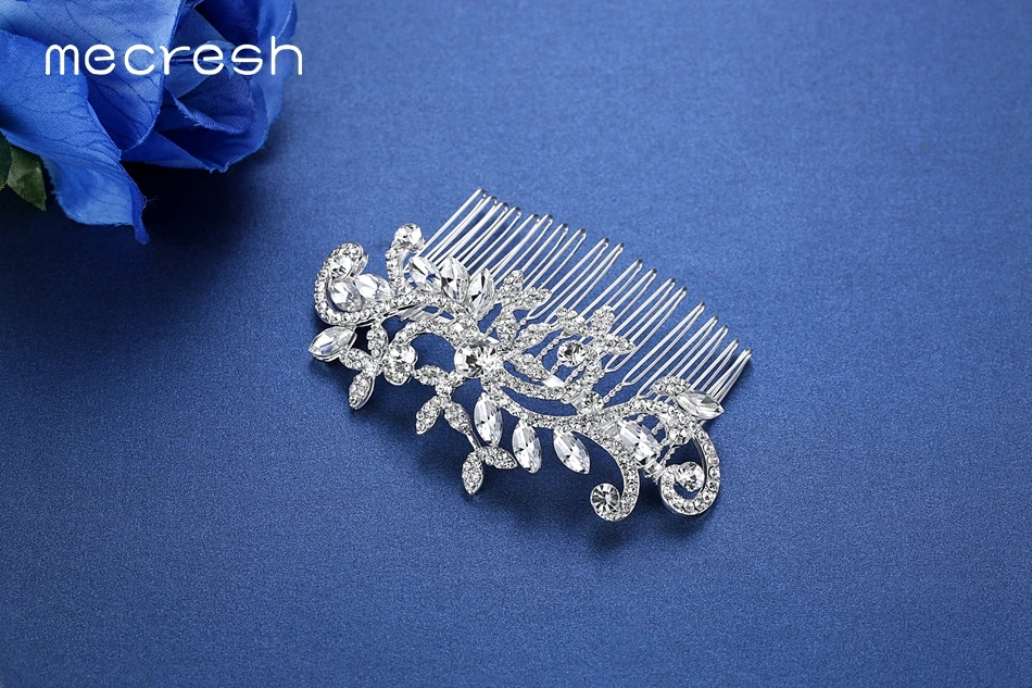 Mecresh Silver Color Rhinestone Flower Leaf Bridal Hair Comb Ornaments Jewelry Wedding Accessories Sadoun.com