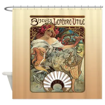

Alphonse Mucha Biscuits Lefevre Utile Shower Curta Decorative Fabric Shower Curtain Set and Floor Mat Non-slip Doormat Rug