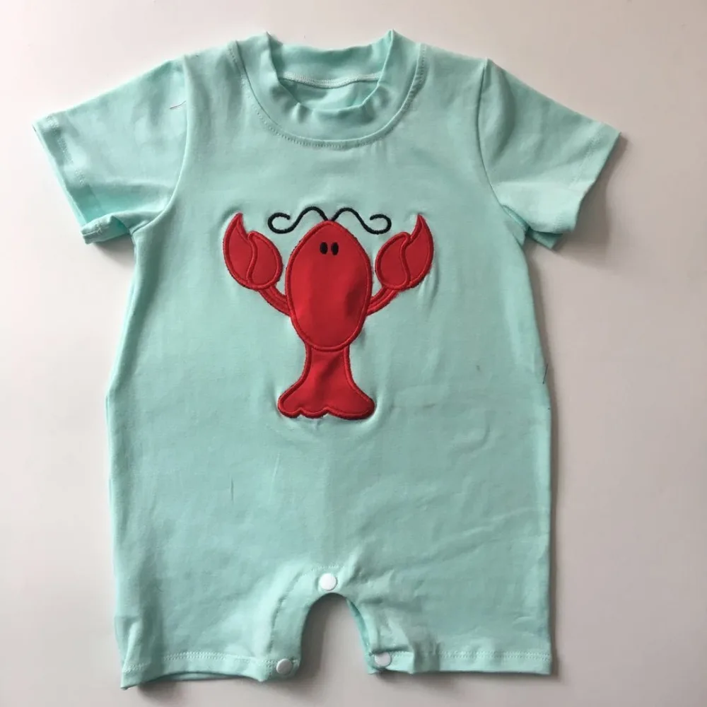 

Puresun New Fashion Baby Romper Girls Boutique Clothes Newborn Lobster Embroidery Gray Stripped Boy Rompers Spring Clothes