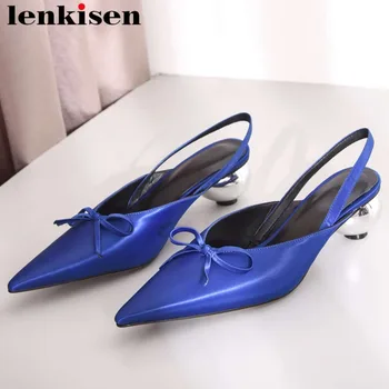 

Lenkisen elegant brand strange style med heels slip on movie stars sexy pointed toe bowtie genuine leather satin dress shoes L56