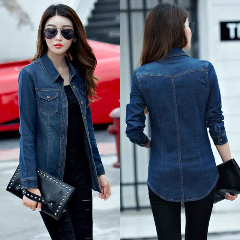  Jeans Shirt women 2019 Long Sleeve Slim Casual Vintage Elastic Ladies Denim Shirts Tops Blusas Femi