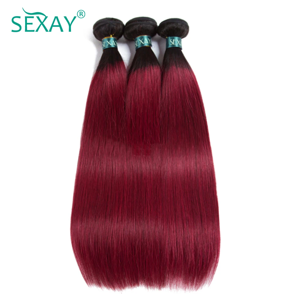 

SEXAY Burgundy Bundles 3 Pcs Ombre Brazilian Straight Human Hair Weave Dark Roots Two Tone Ombre Wine Red Bundles Non Remy Hair