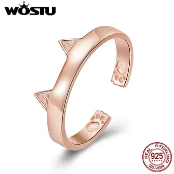 

WOSTU New Fashion 925 Sterling Silver Rose Gold Cat Shape Finger Open Ring For Women Girl Party Luxury Fine Jewelry Gift CQR387