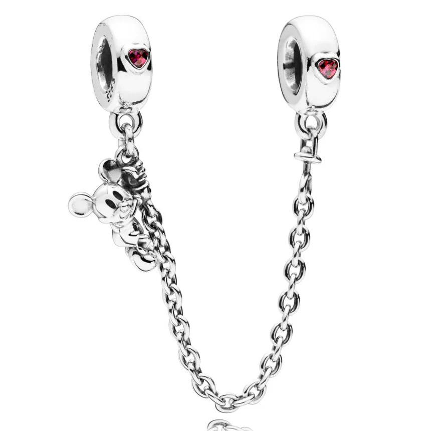 

New 925 Sterling Silver Bead Charm Cute CLIMBING MICKEY With Crystal Safety Chain Beads Fit Pandora Bracelet Bangle Diy Jewelry
