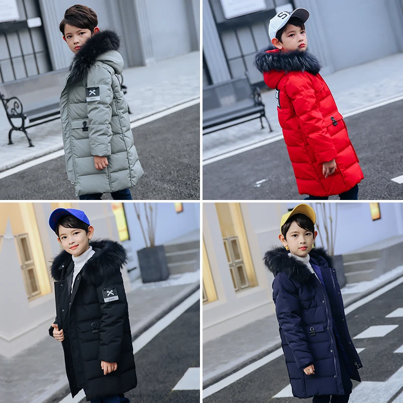 

XYF9969 Boys Girls Winter Down Jackets Kids Plus Fur Collar Winter Jacket Coat Warm Outerwear Long Coat 85% White Duck Down