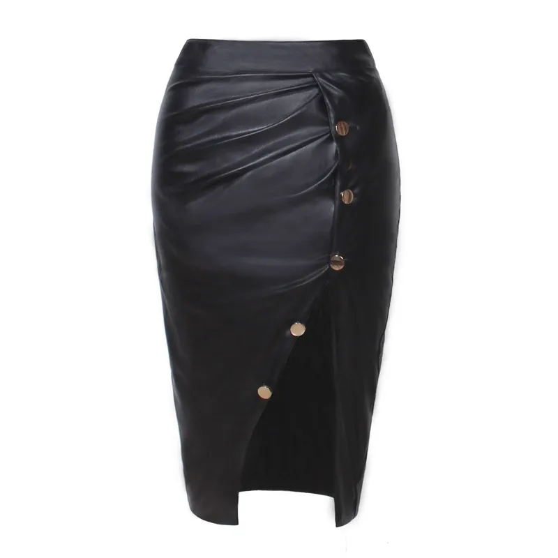 Womens's Fashion Black Leather Pencil Skirt Women's Button Open Fork ...