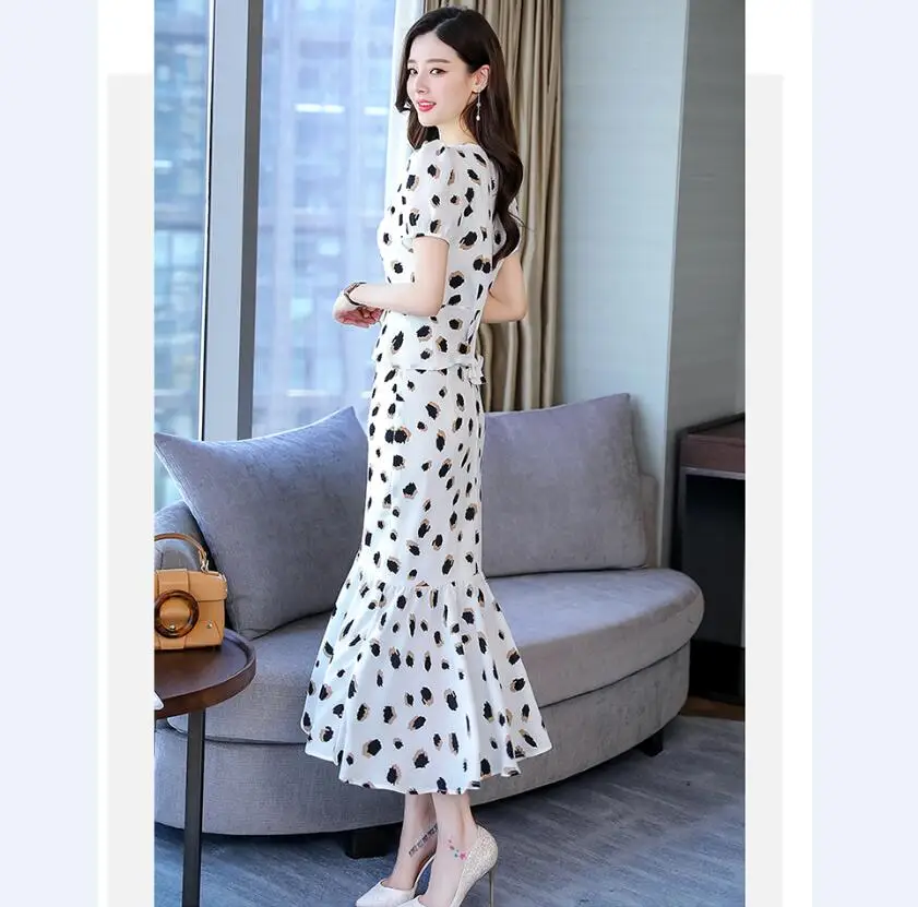 SUmmer Women Two Piece Sets top blouse Shirt and long mermaid Skirt Sets Fashion lady party dot Skirts suits