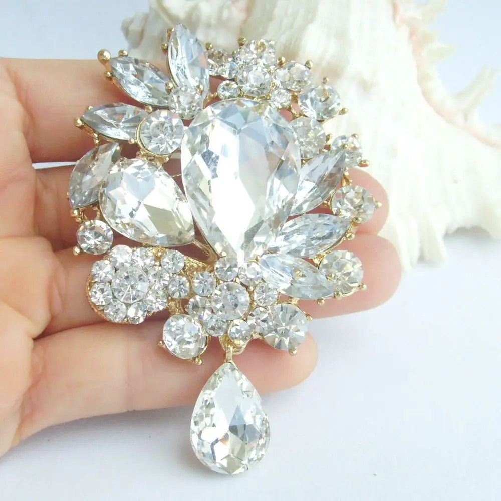 Wedding Accessories Gold tone Clear Rhinestone Bridal Brooch Pendant