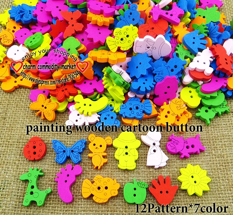 100 шт. 12patterns * 7 Цвета роспись по дереву Мультяшные пуговицы пальто сапоги Швейные Одежда Аксессуары WCB-078 - изображение