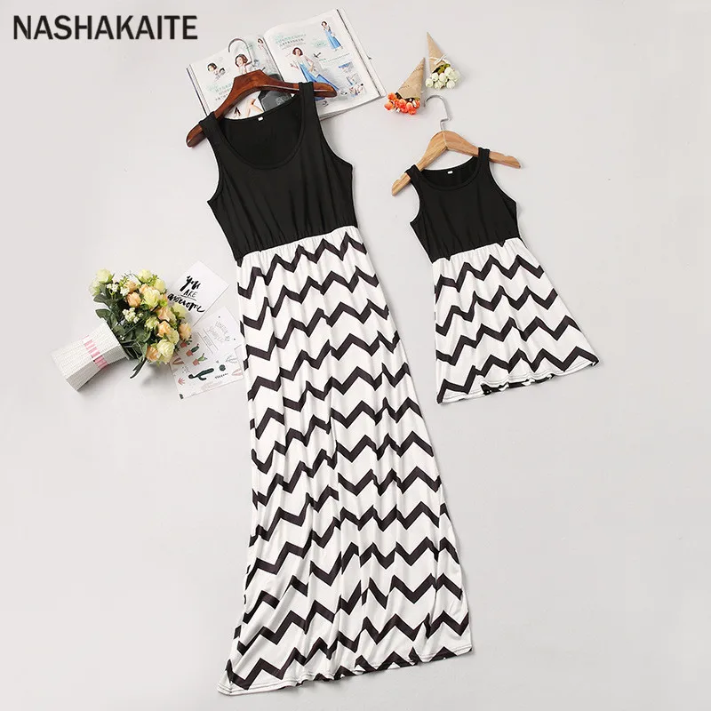 Mom and daughter dress Wave Stripe Long Dress vestidos mama e hija Family matching clothes Mother and Daughter Clothes