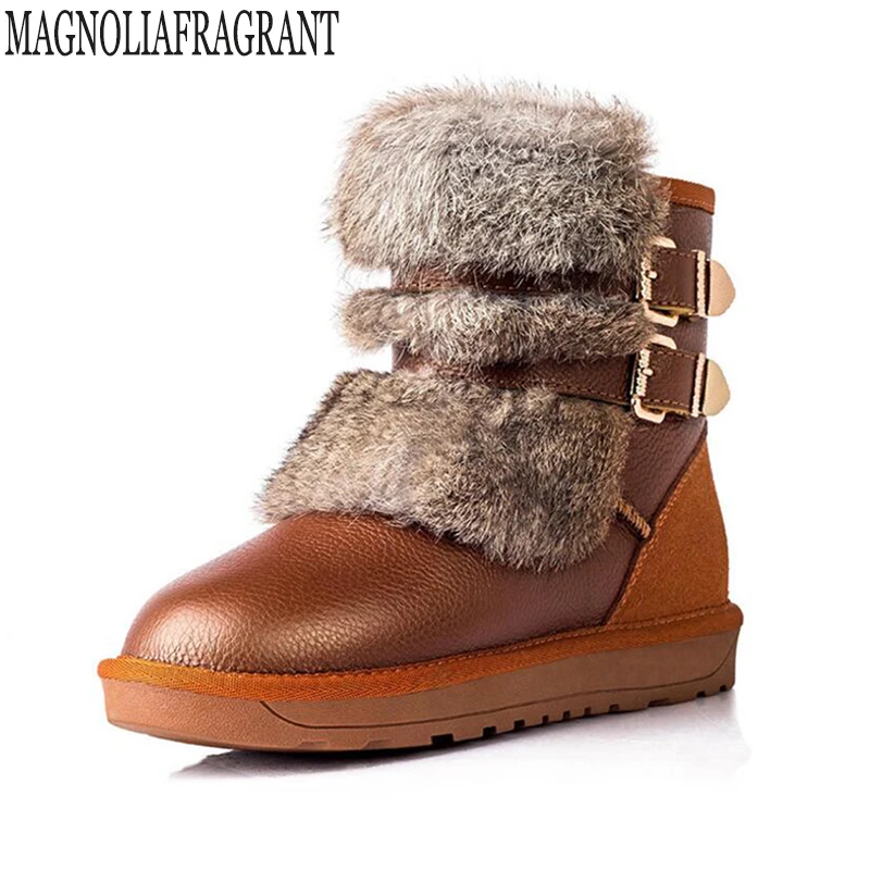 

new Snow Boots Women's Winter Boots Comfortable Ankle Women Boots Rabbit hair Genuine Leather platform Women's Winter Shoes k420