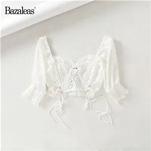 Bazaleas модные белые бандажные Галстуки рубашки элегантные женские блузки Франция кружева выдалбливают Женские топы и блузки Прямая поставка - Цвет: B46 white