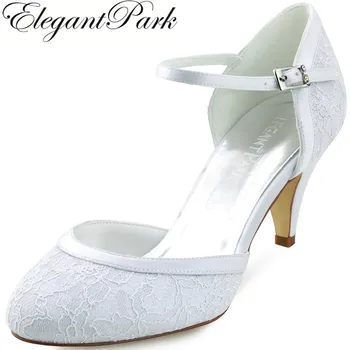 

Woman Wedding Shoes Mid Heel White Ivory Round Toe Buckle Lace Lady Bride Bridesmaids Bridal Prom Party Evening Pumps HC1508