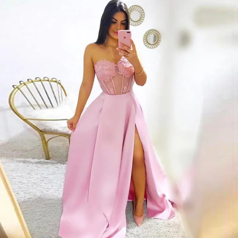 

Cute Sweetheart Pink Long Evening Party Dresses 2019 A-Line Side Slit Appliques Saudi Arabic Elegant Prom Gowns Robe De Soiree