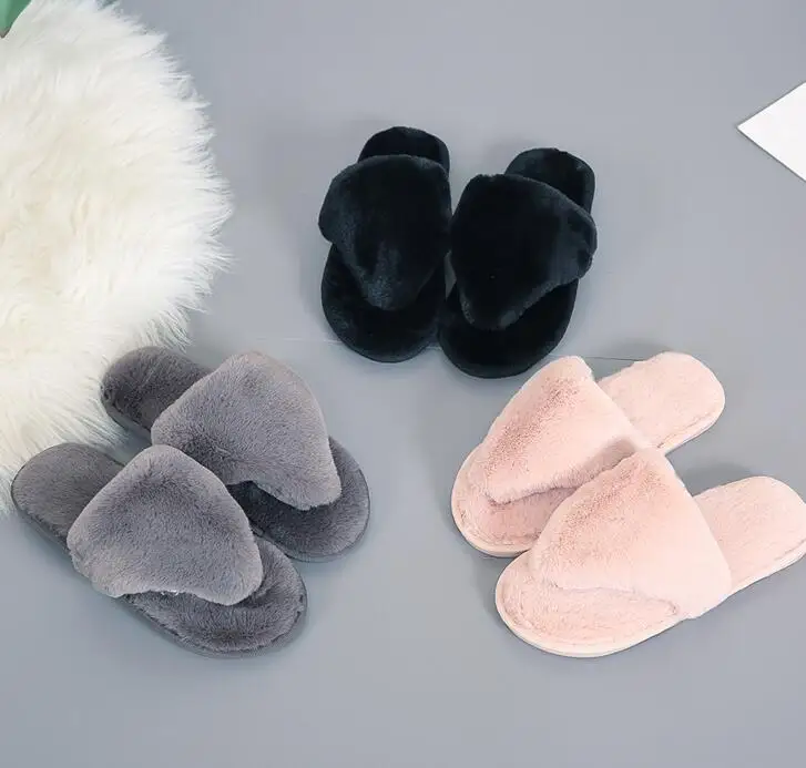 Women Slippers Winter Shoes Flat Sweet Slippers Woman Indoor Shoes Fur Warm Soft Slip On Black Pink Grey Female Slipper dd055