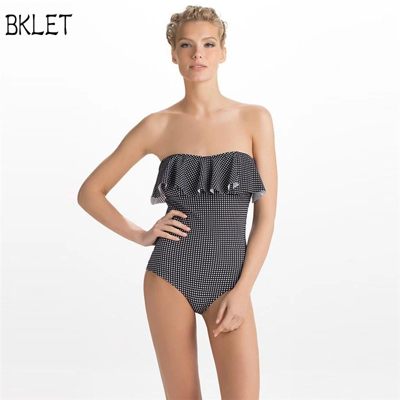 Sexy Bandeau One Piece Swimsuit Polka Dot Print Swimming Suit For Women Bathing Suit Ruffle Swimwear Flouncing Beachwear