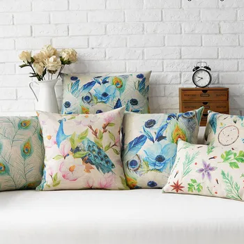 

Nordic Watercolor Peacock Flowers Home Decor Pillow Cushion Linen Cotton Dreamcatcher Decorative Throw Pillows Free Shipping