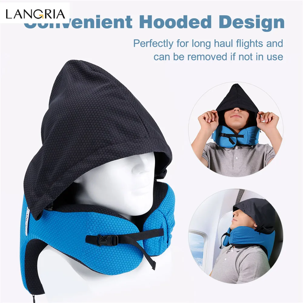 LANGRIA Travel Pillow 6-in-1 Long Haul Astronaut Memory Foam with Detachable Hood Adjustable Neck Size Side Elastic Pocket Neck3