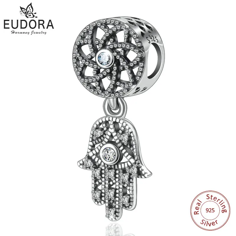 1pcs charm EUDORA 925 стерлингового серебра винтажные Подвески в виде руки хамсы и прозрачный CZ цветок кулон подходит для женщин серебряные браслеты Сделай Сам изготовление Z65 - Окраска металла: 1pcs charm