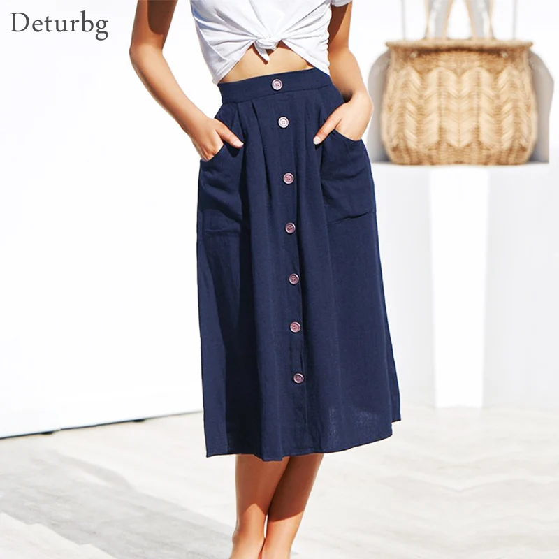 Womens Elegant Buttoned Cotton Midi Skirt Ladies Casual Elastic High