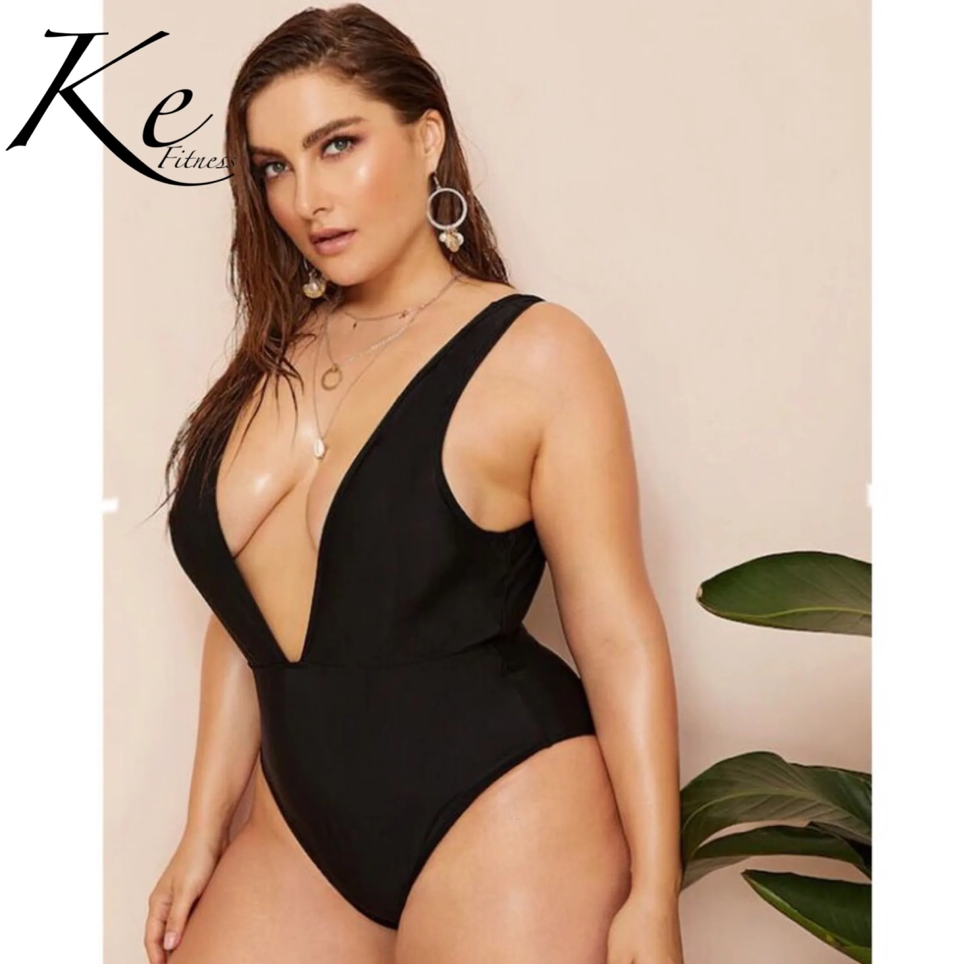 

KE 2019 new swimwear woman sexy solid color conjoined large size swimsuit plus fertilizer increase plus size with pad wire free
