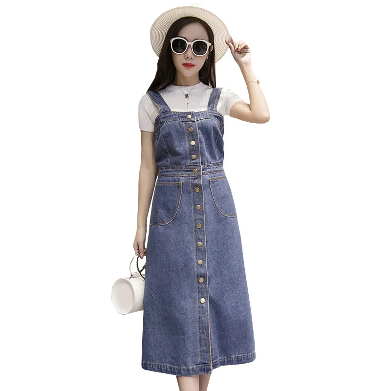 

2019 Women casual plus size high Waist slim Button design Strap sleeveless big size Denim Long size Jeans girl Dress