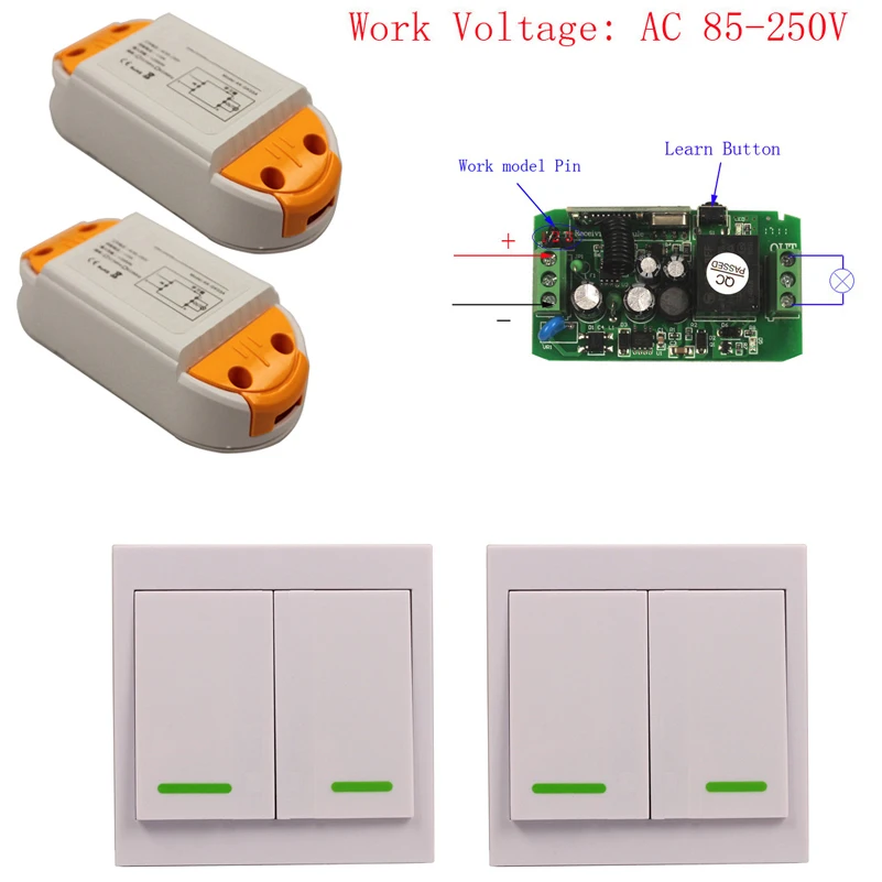 110V 220V 85-250V 2-Key Wall Panel Control Wireless Lights Switch Receiver Relay-2