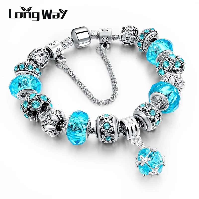 LongWay European Style Authentic Tibetan Silver Blue Crystal Charm Bracelet for Women Original DIY Beads Jewelry Christmas Gift 