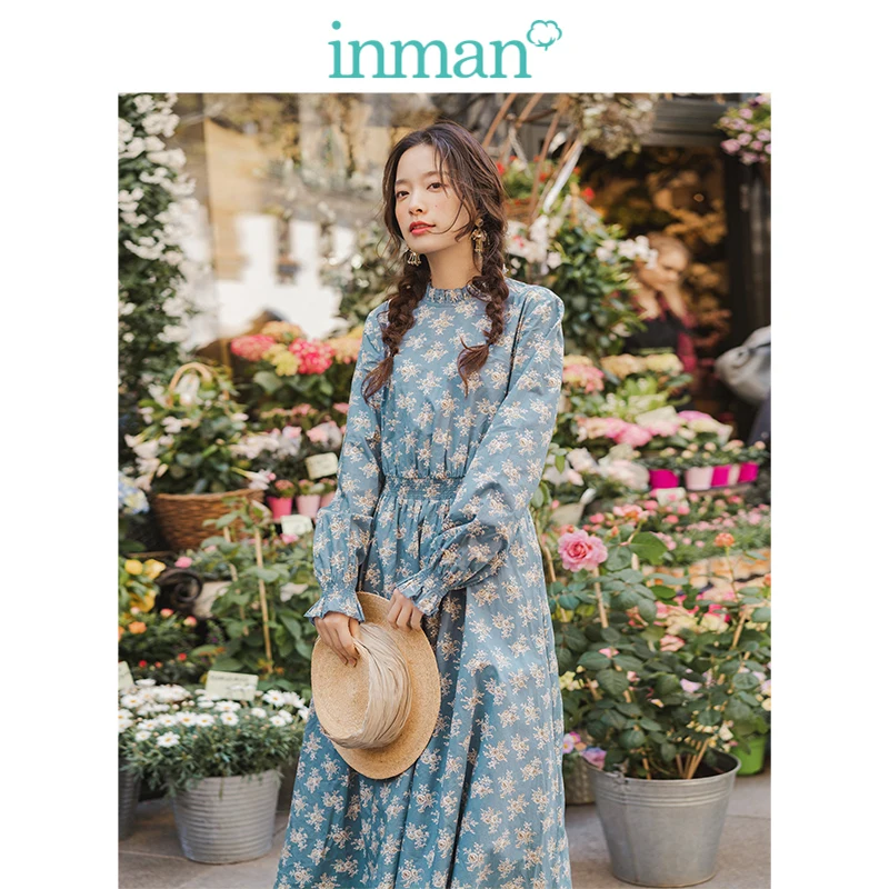 INMAN, осень, Новое поступление, кружевное, стоячий воротник, Ретро стиль, цветочное, художественное, с определенной талией, ТРАПЕЦИЕВИДНОЕ, стиль богини, женское платье
