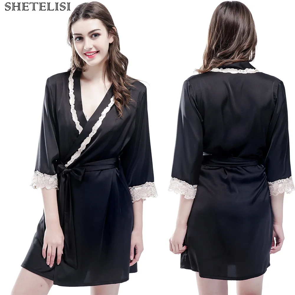 SHETELISI New Solid Satin Chiffon Embroidery Lace Women Robe Spring