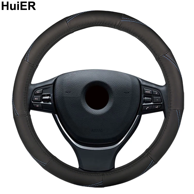 HuiER Auto Car Steering Wheel Cover Genuine Cowhide Leather Good Feel