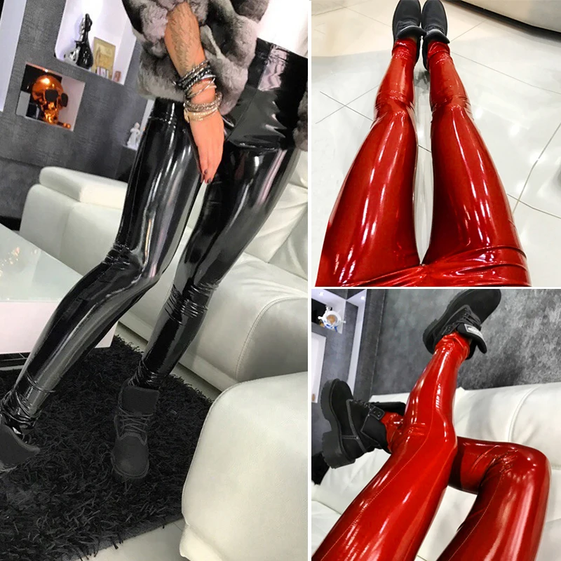 Женские брюки Wet Look Блестящий из искусственной кожи брюки с высокой талией облегающая Клубная одежда Вечерние