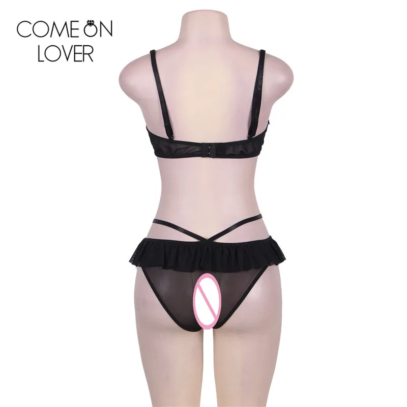 Comeonlover Black ruffle open cup sexy women underwear set fashion design bra + panty lingerie set wireless sex bra set RL80405