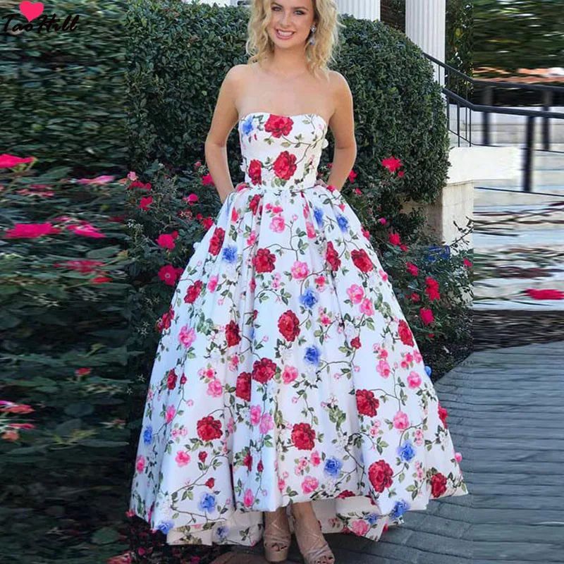 

TaoHill New Gorgeous Dress Hi-low Evening Prom Party Floral Print Pattern Vestido de Festa Sexy Strapless Style Pocket Dress