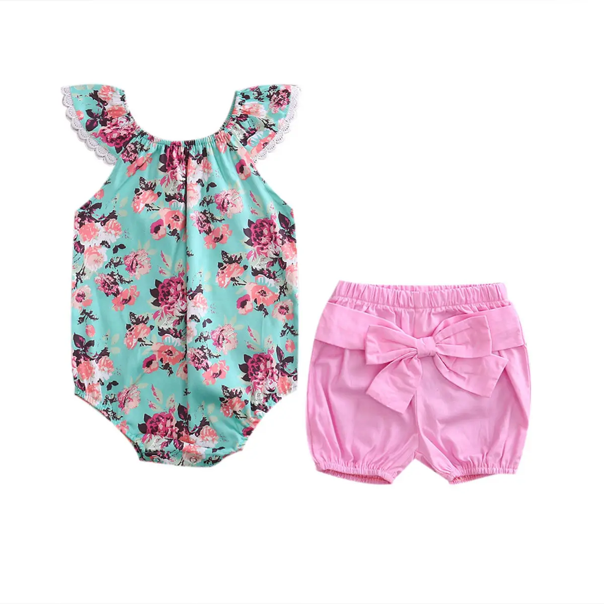Lace Shorts Outfits Clothes Set US Summer Toddler Kids Baby Girls Floral Tops