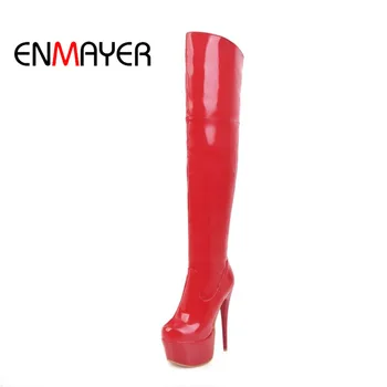 

ENMAYER 2018 Womens Boots Round Toe over-knee Super High Platform Heels for Women Zipper Winter PU Solid Fashion