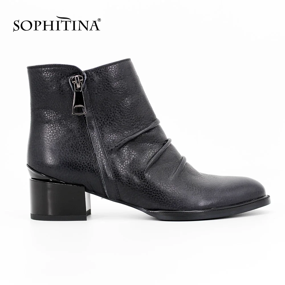 

SOPHITINA 2018 Hot Sale Luxury Lady Ankle Boots Solid Full Genuine Leather Handmade Shoes Low Square Heel Winter Warm Boots B12